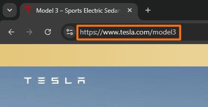 Tesla Model 3 page with the browser address bar highlighting a concise URL