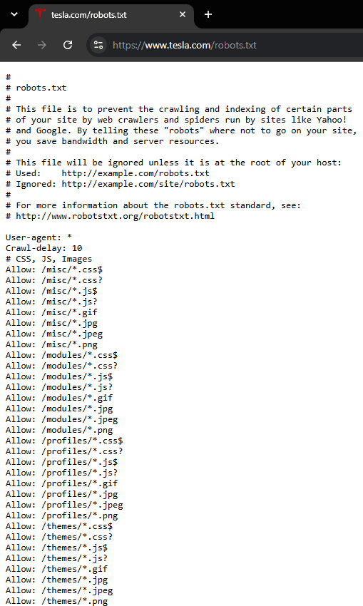Section of Tesla’s robots.txt file showing User-agent: *, a crawl-delay directive, and multiple Allow rules for CSS, JavaScript, GIF, JPG, JPEG, and PNG files in selected directories