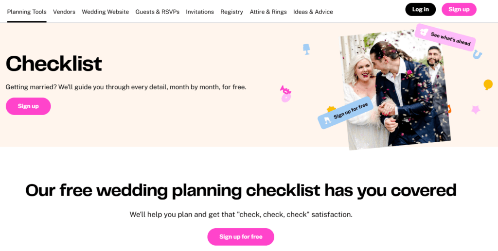 The Knot checklist landing page promoting a free wedding planning checklist with Sign up and Sign up for free buttons