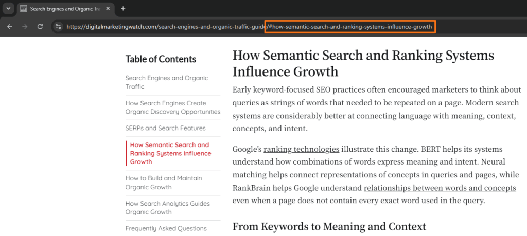 Digital Marketing Watch article showing a URL with the fragment #how-semantic-search-and-ranking-systems-influence-growth, which directs the browser to a specific section of the page