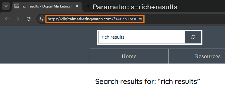 Digital Marketing Watch search results page with the browser address bar highlighting the URL query parameter s=rich+results used for the site search