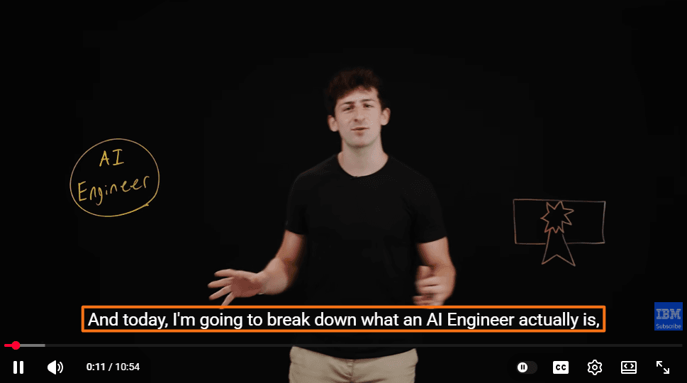 YouTube video showing a presenter speaking about AI engineering with synchronized closed captions displayed at the bottom of the screen