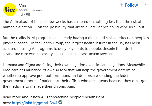 Vox LinkedIn post summarizing an article about AI and healthcare, with a link to read the full story on Vox.