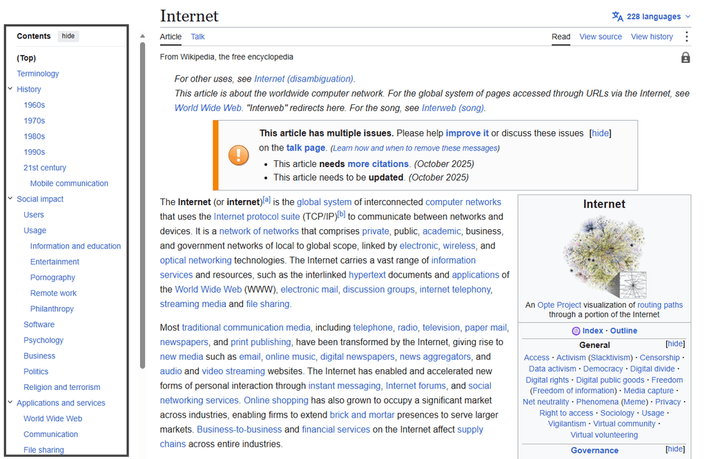 Screenshot of Wikipedia Internet article with the table of contents highlighted in a box, showing nested sections