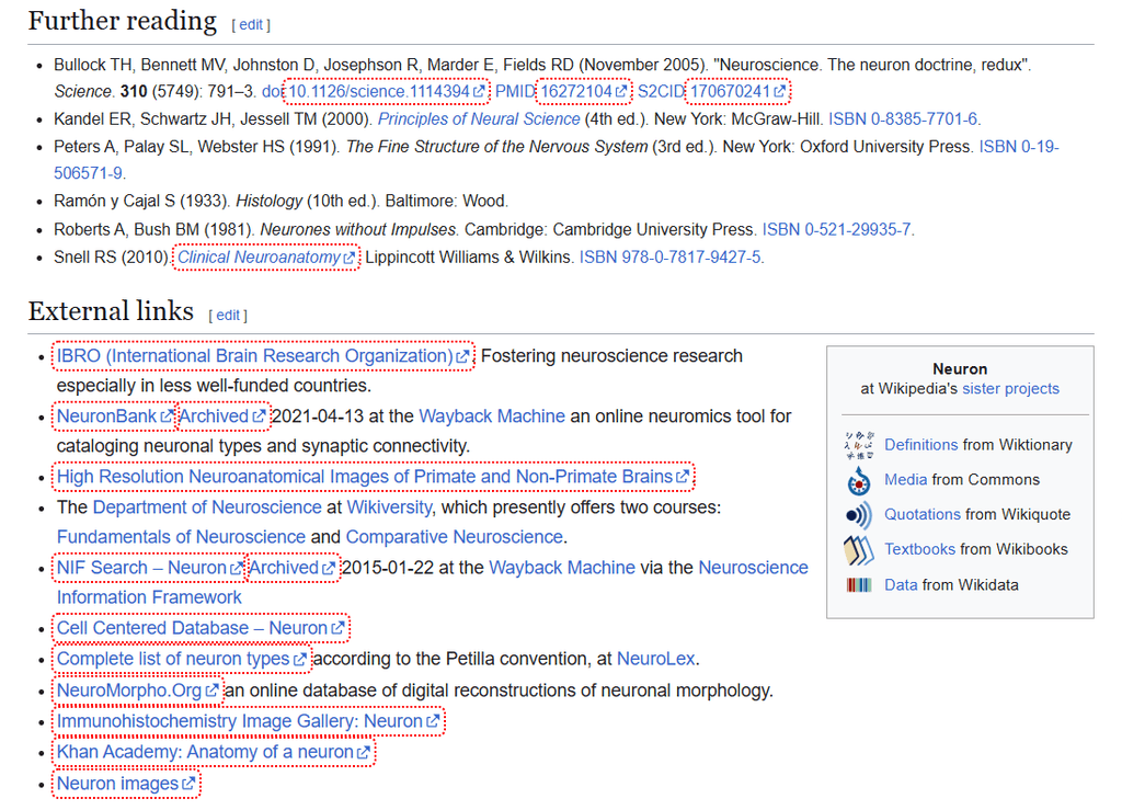 Wikipedia article showing Further reading and External links sections, with multiple external hyperlinks outlined in red to indicate nofollow links