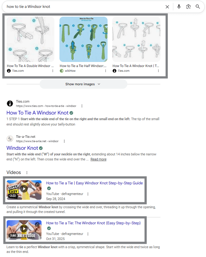 Google SERP for “how to tie a Windsor knot” featuring image tutorials and step-by-step videos