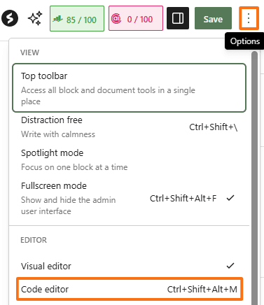 WordPress block editor Options menu with the Code editor option highlighted beneath Visual editor, showing the shortcut Ctrl+Shift+Alt+M