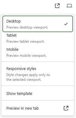 WordPress editor preview menu showing Desktop, Tablet, and Mobile viewport options, along with responsive styles and preview controls