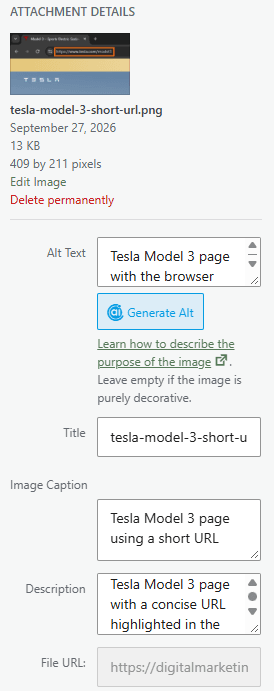 WordPress Media Library Attachment Details panel showing an image preview with editable Alt Text, Title, Image Caption, Description, and File URL fields