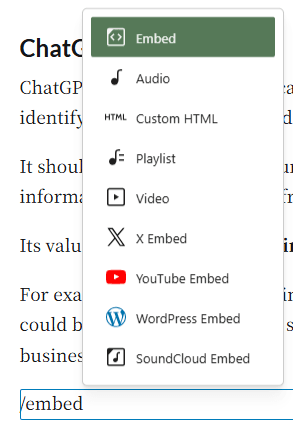 WordPress editor block inserter displaying media and embed options including Embed, Video, YouTube Embed, WordPress Embed, and SoundCloud Embed