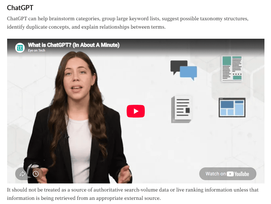- WordPress article displaying an embedded YouTube video about ChatGPT, demonstrating how a YouTube URL can automatically create a playable video embed on the page