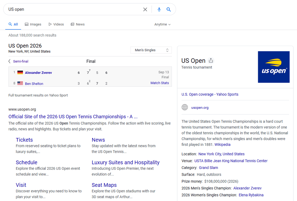 Yahoo search results for “US Open” displaying the 2026 men’s singles result, official US Open website with sitelinks, and a knowledge panel with tournament details