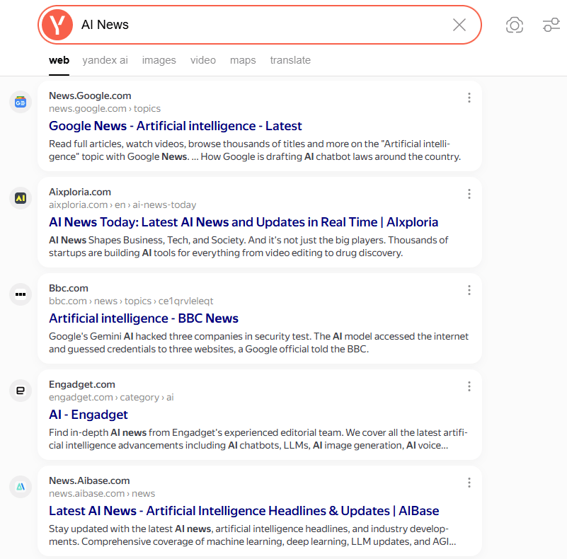 Yandex search results for “AI News” displaying organic listings from Google News, AIxploria, BBC, Engadget, and AIBase