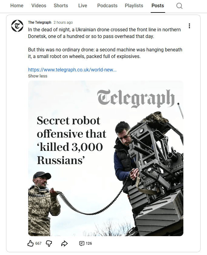 The Telegraph YouTube Community post linking to an article on its website, with introductory text, a branded article image, reactions, and comments