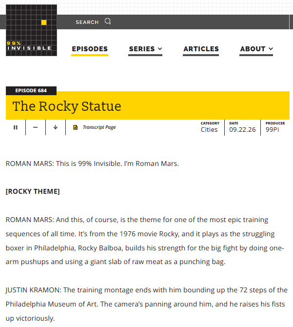 - 99% Invisible transcript page for “The Rocky Statue” showing the episode title and speaker-by-speaker transcript text from Roman Mars and Justin Kramon