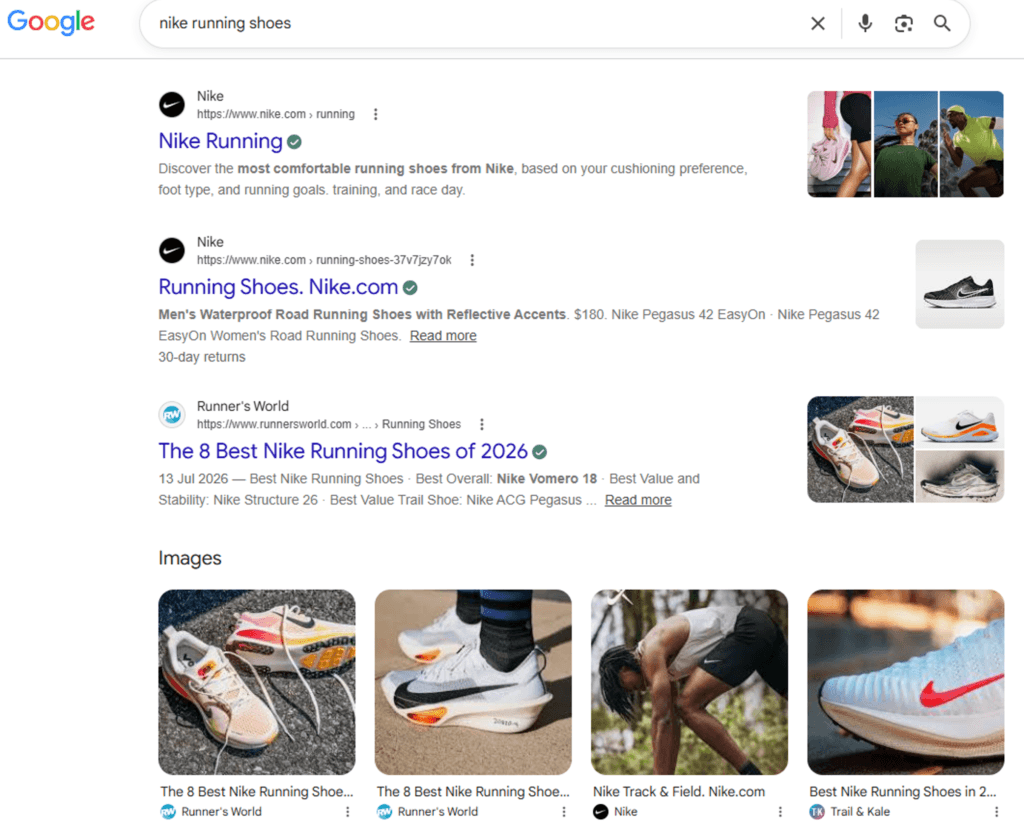 A screenshot of branded search on Google for “nike running shoes”