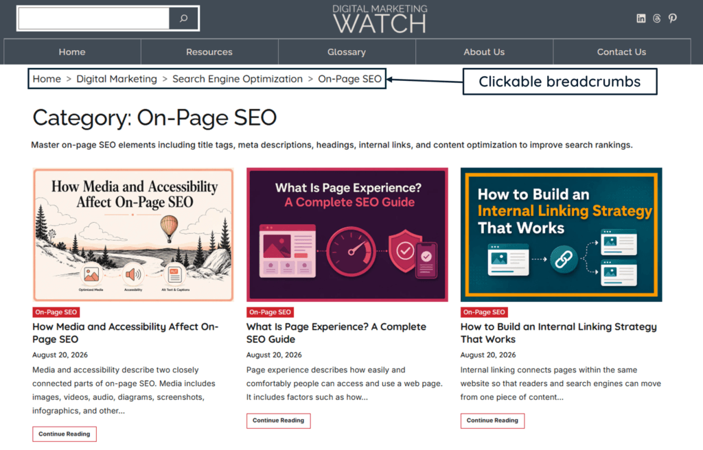 Digital Marketing Watch On-Page SEO category page showing clickable breadcrumb links that help users move through the site hierarchy
