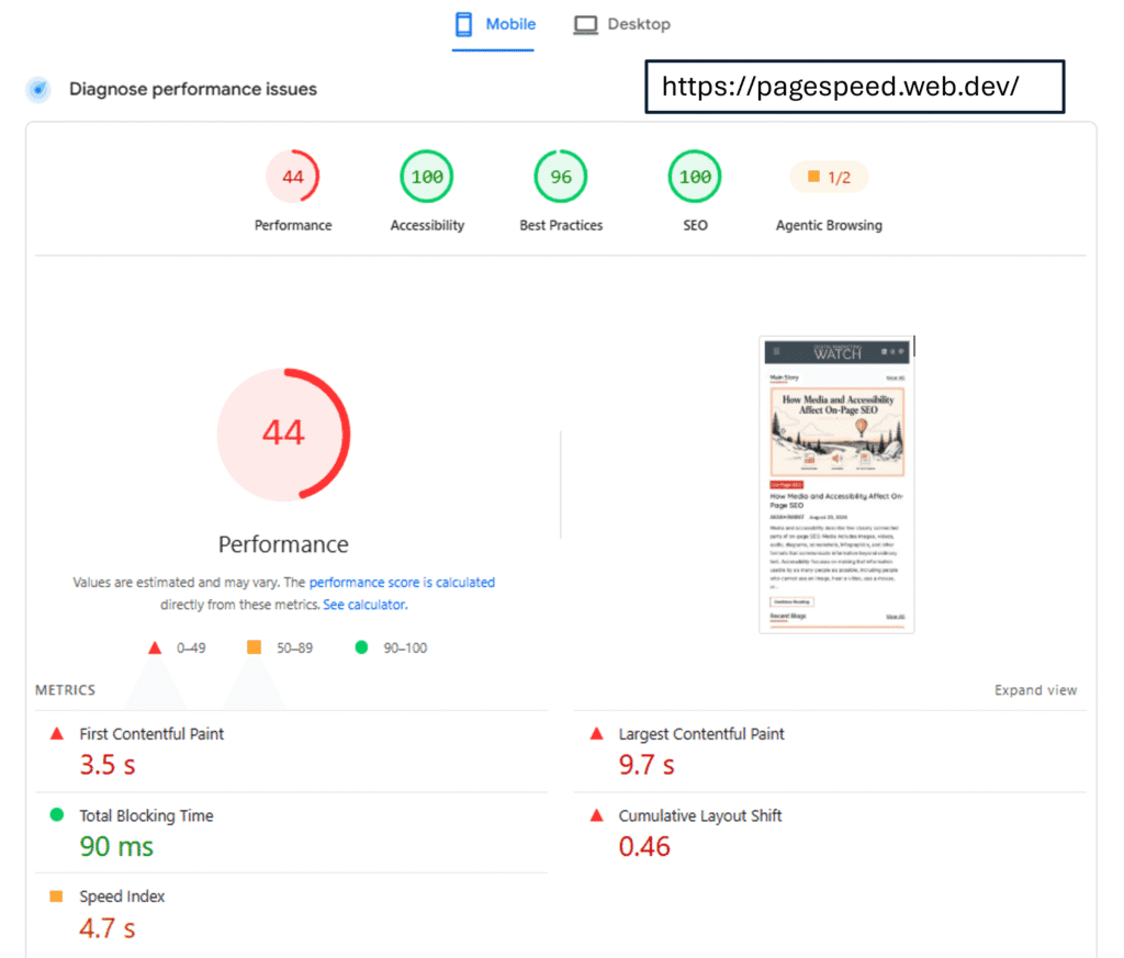 A screenshot of Core Web Vitals report in PageSpeed Insights