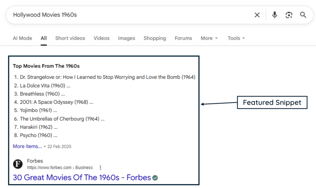 A screenshot of Google Search Engine Result Page with a featured snippet