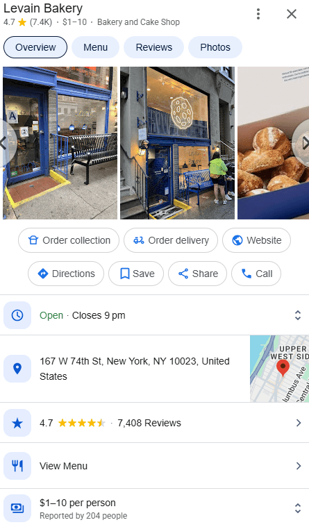 Google business profile result for a bakery in New York.