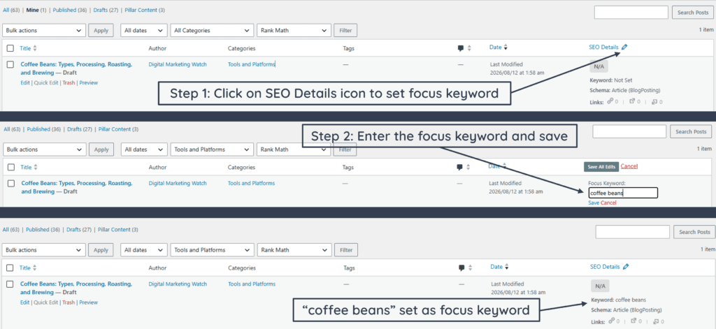 A screenshot demonstrating how to set focus keyword in WordPress with Rank Math SEO Plugin