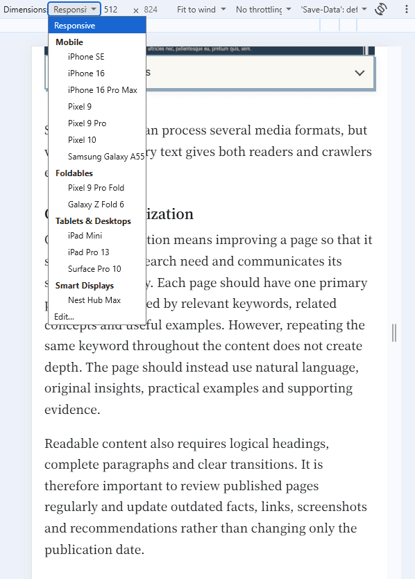 Responsive mode for testing a webpage across mobile, tablet and desktop screen sizes in Chrome DevTools 