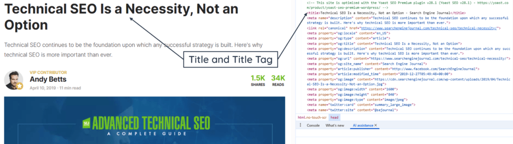 A screenshot with a label showing title tag in the web page's HTML. The title in the title element in Inspect Tool is the same as the title in the rendered webpage.