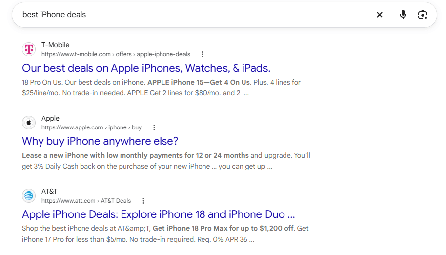 Google search results for "best iPhone deals"