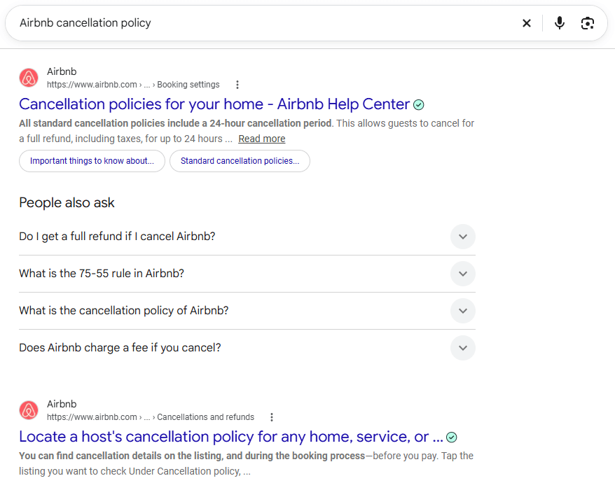 Google results for the branded keyword “Airbnb cancellation policy” with official Airbnb help pages and People Also Ask questions