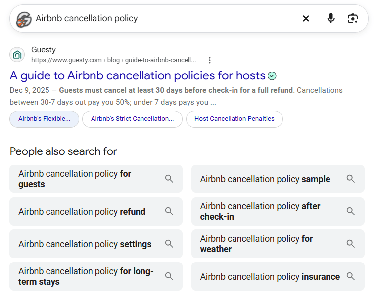 Google results for “Airbnb cancellation policy” with related branded searches about refunds and cancellation options