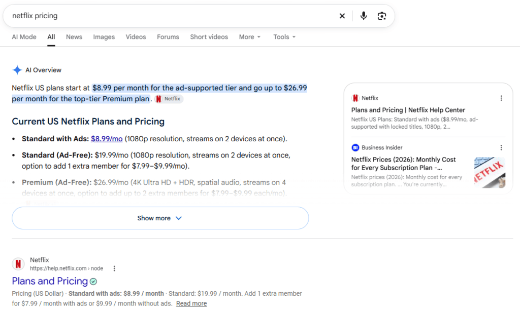 Google results for the branded keyword “netflix pricing” with an AI Overview and Netflix pricing page