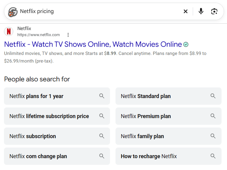 Google results for “Netflix pricing” with related branded searches for Netflix plans and subscriptions