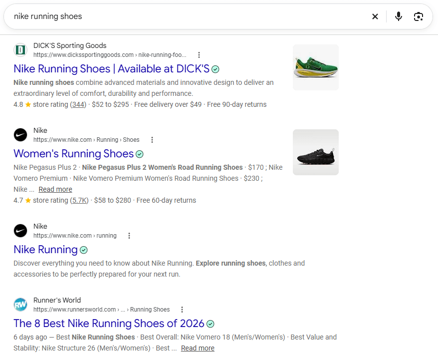 Google search results for the branded keyword “nike running shoes” with Nike pages and third-party results