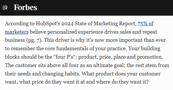 Forbes article referencing HubSpot’s 2024 State of Marketing Report and citing its marketing data, showing how owned research can gain earned distribution through an independent publication.
