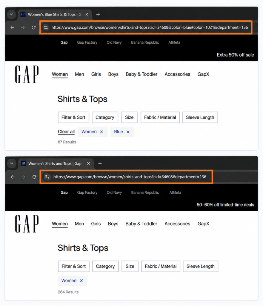 Gap filtered and unfiltered category URLs showing how ecommerce parameters can create multiple versions of the same page