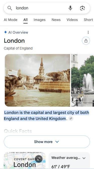 Google mobile search results for London showing an AI Overview with images, summary text, and quick facts