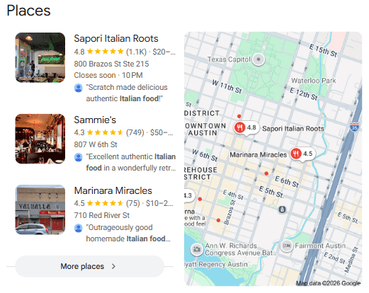 Google Places results for Italian restaurants near me showing restaurant listings and their locations on a map