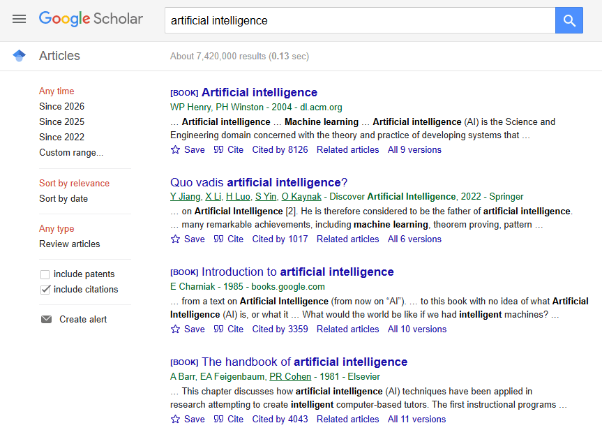 Google Scholar search results for artificial intelligence showing ranked books and articles and illustrating information retrieval based on relevance