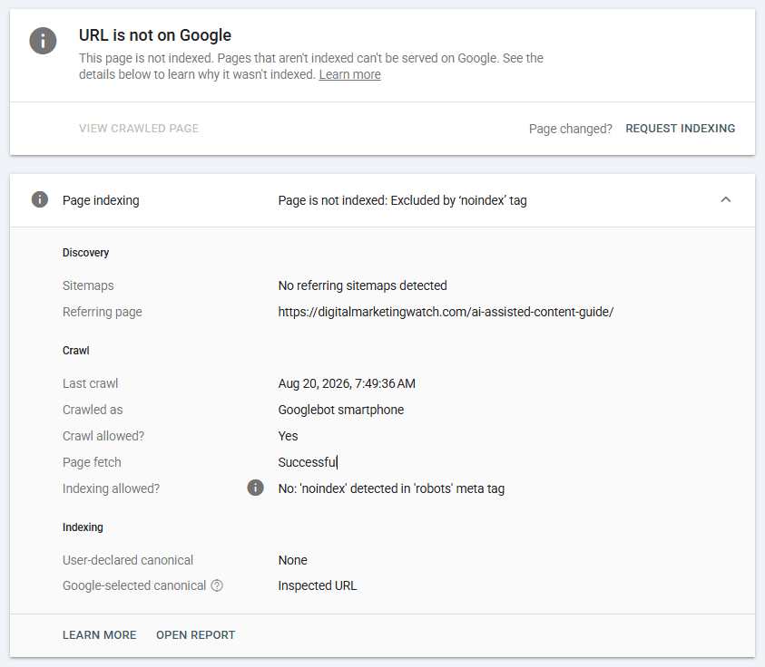 Google Search Console URL Inspection showing “Excluded by ‘noindex’ tag” and indexing not allowed because a robots meta noindex directive was detected