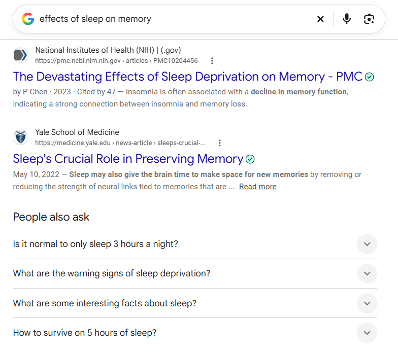 Google search results for effects of sleep on memory showing ranked webpages and related People Also Ask questions