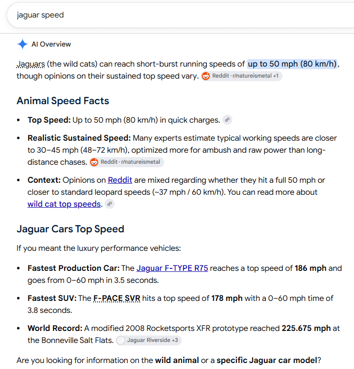 Google AI Overview for “jaguar speed” showing separate information about jaguar animal running speed and Jaguar car top speeds, demonstrating semantic interpretation of multiple meanings behind the same keyword