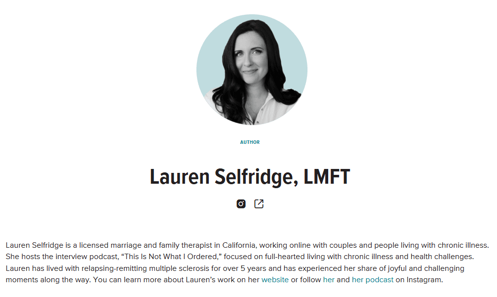 Healthline author profile for Lauren Selfridge showing her LMFT credential and first-hand experience living with multiple sclerosis