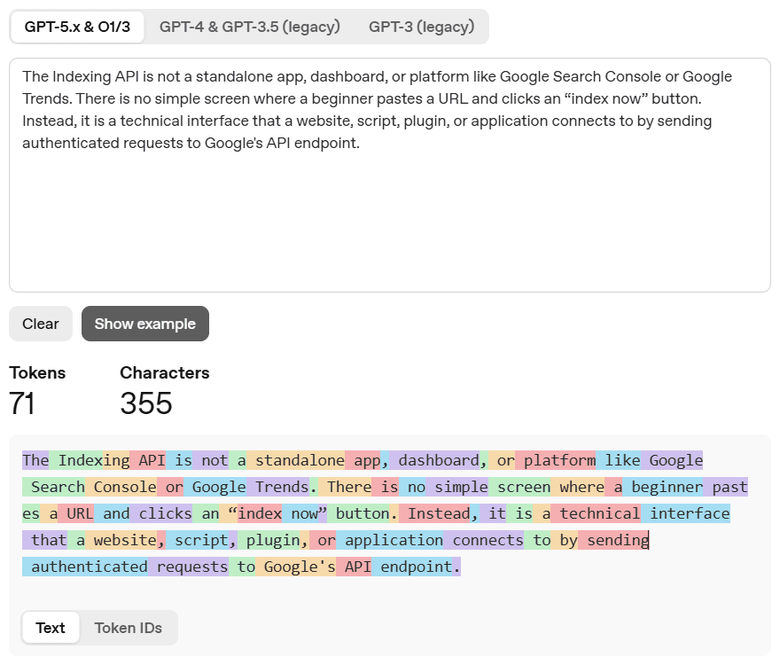 OpenAI Tokenizer visualization showing Indexing API text split into colored tokens with 71 tokens and 355 characters