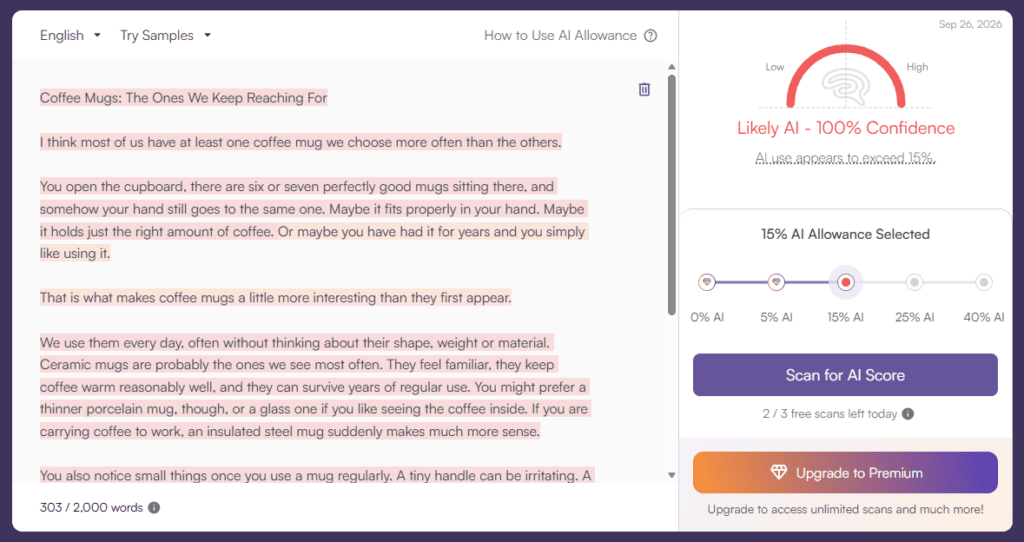 Originality.ai AI detector reviewing a 303-word coffee-mug article written in a conversational style with “I,” “we,” and “you,” and returning a “Likely AI” result with 100% confidence.