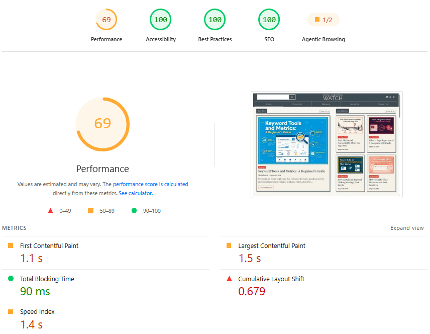 Google PageSpeed Insights report showing a 69 performance score with FCP, LCP, TBT, CLS, and Speed Index metrics
