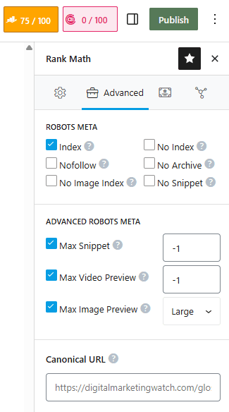 Rank Math robots meta settings with the No Index option used to keep a page out of search results