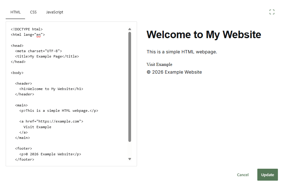 WordPress editor Custom HTML block displaying HTML code on the left and a preview on the right with a heading, paragraph, link, and footer