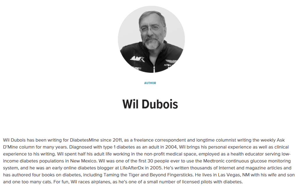 YMYL health author profile for Wil Dubois showing personal experience with type 1 diabetes and clinical experience in diabetes education