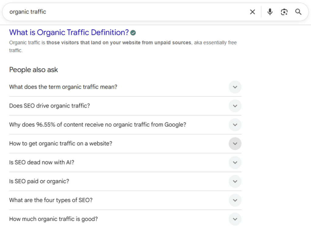 Google search results for organic traffic showing People Also Ask questions about SEO, organic traffic, and related topics