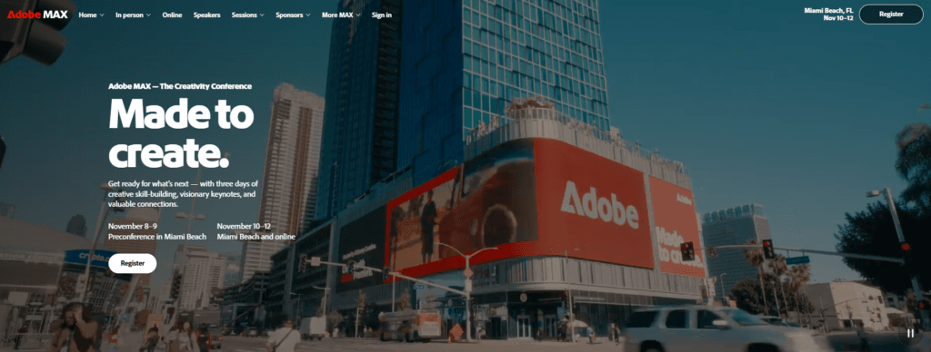 Adobe MAX landing page promoting the creativity conference with event dates location and a Register button